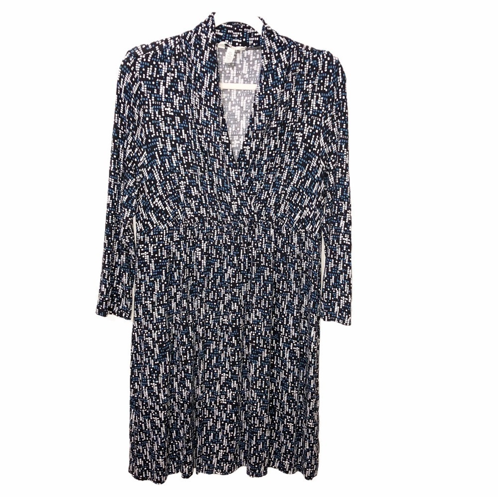 Soma Dress Size Large Faux Wrap Top Black White Blue Long Sleeve Geometric Print